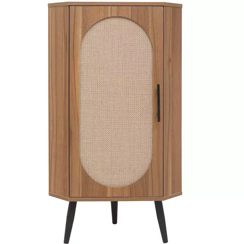 Walnut Corner Cabinet with Rattan Door, Freestanding Storage for Living Room & Small Spaces
