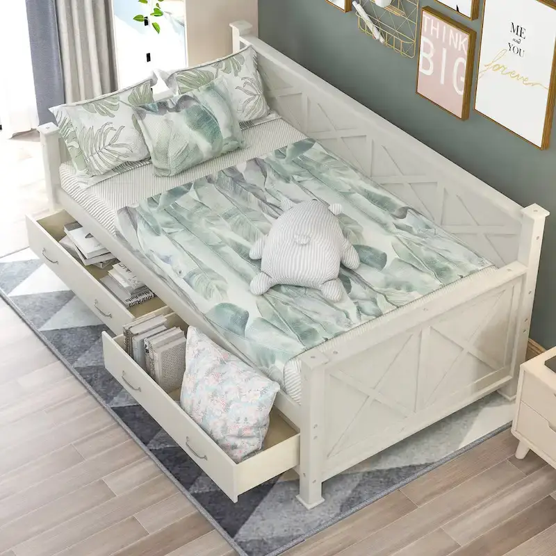 Twin Size Wooden Modern and Rustic Casual Style Daybed, Cream White