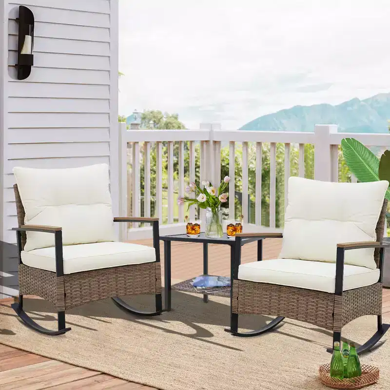 EAGLE PEAK 3PCS Patio Rattan Conversation Set Rocking Chair Cushioned Sofa Garden Furniture