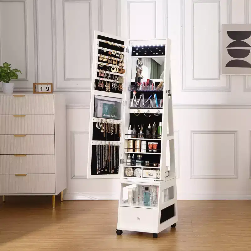 360 Swivel Lockable Jewelry Armoire Cabinet with LED Light, Screen Interface Full-Length Mirror, 3 Shelves & Drawer, Storage Organizer White