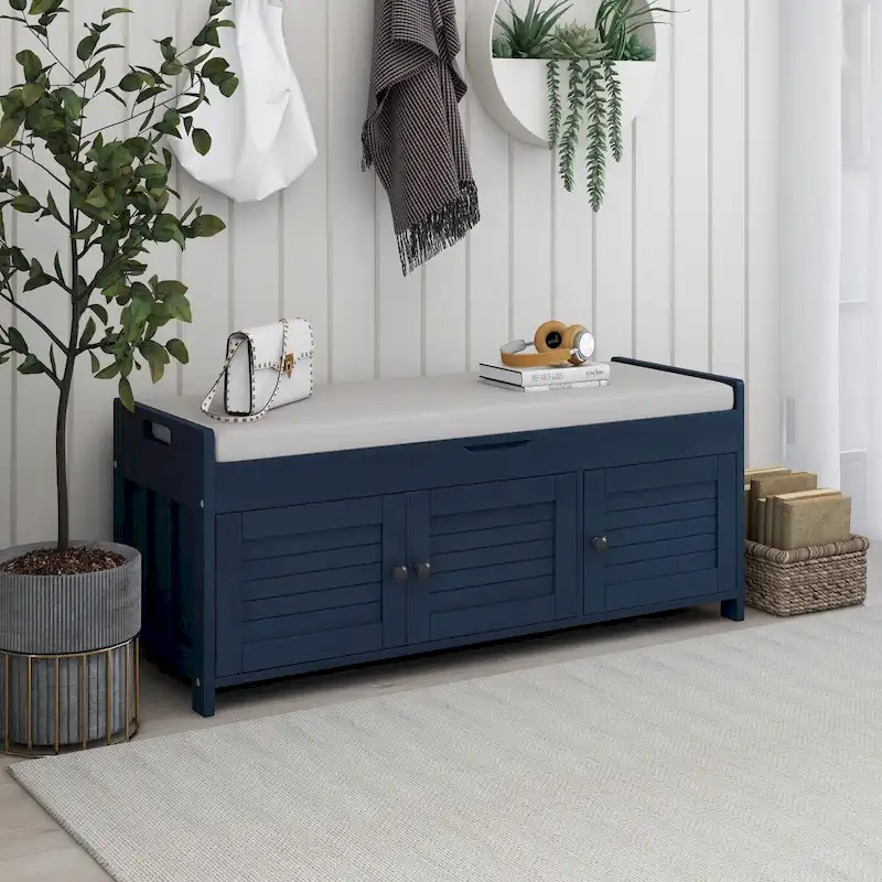 Rustic 3-Door Storage Bench with Removable Cushion and Hidden Compartment – Antique Navy / Gray Wash / White / Espresso, 2-Person Use