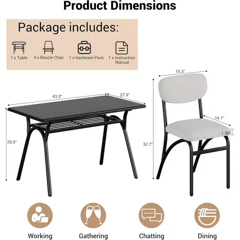 5-Piece Dining Set for Small Spaces with Rectangular Table, Built-In Storage Shelf, 4 Luxury Velvet Chairs, Scratch-Resistant Surface, Space-Saving