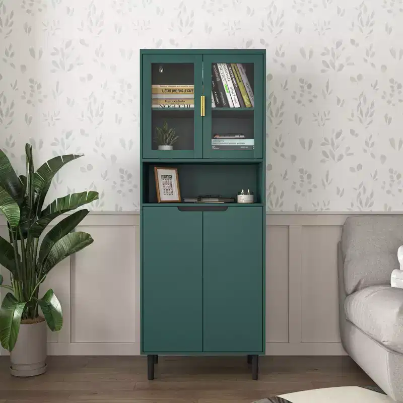 Tall Bookshelf with Adjustable Board, Freestanding Storage Shelves with 4 Tempered Glass Doors, Display Case for Living Room, Office, Green