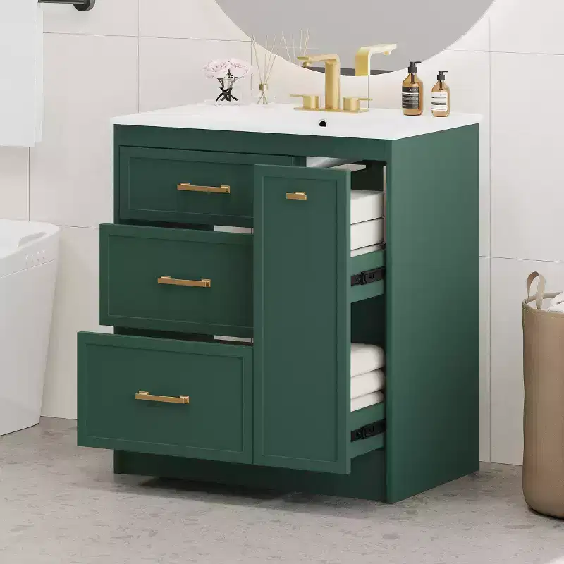30 in Small Bathroom Vanity Sink Combo with Storage, Floor Cabinet with Drawers, Forest Green, 30x18.3x34 in