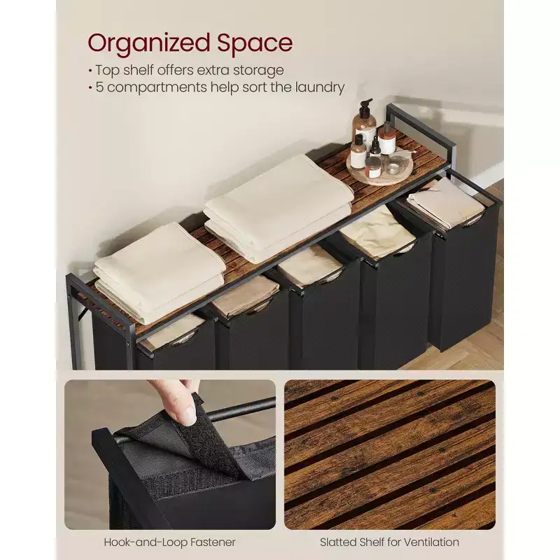 5-Bag Laundry Sorter Cart with Removable Washable Bags, 52.8 Gallon Capacity Rolling Hamper with Ventilated Shelf, Ink Black and Rustic Brown