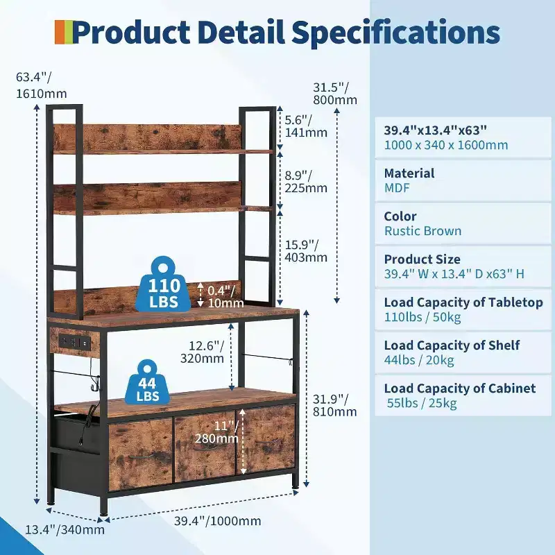 Rustic Industrial Kitchen Cart with Wood Shelves and Storage Drawers, Multifunctional Appliance Organizer for Small Spaces