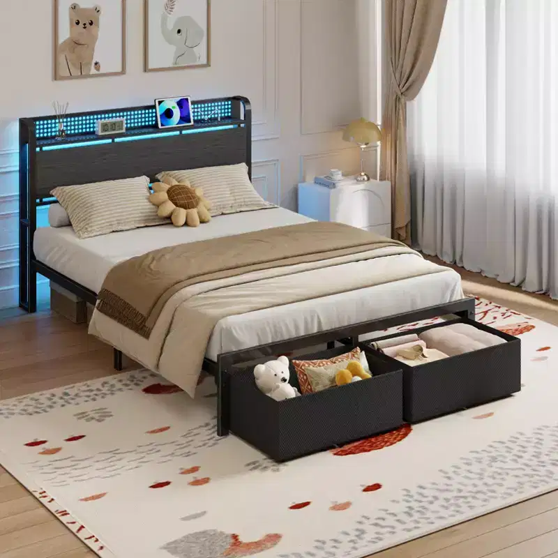 Full Size Platform Bed Frame 2 Storage Drawers Headboard LED Lights Charging Station Heavy Duty Metal Wood No Box Spring Needed Guest Bedroom USB