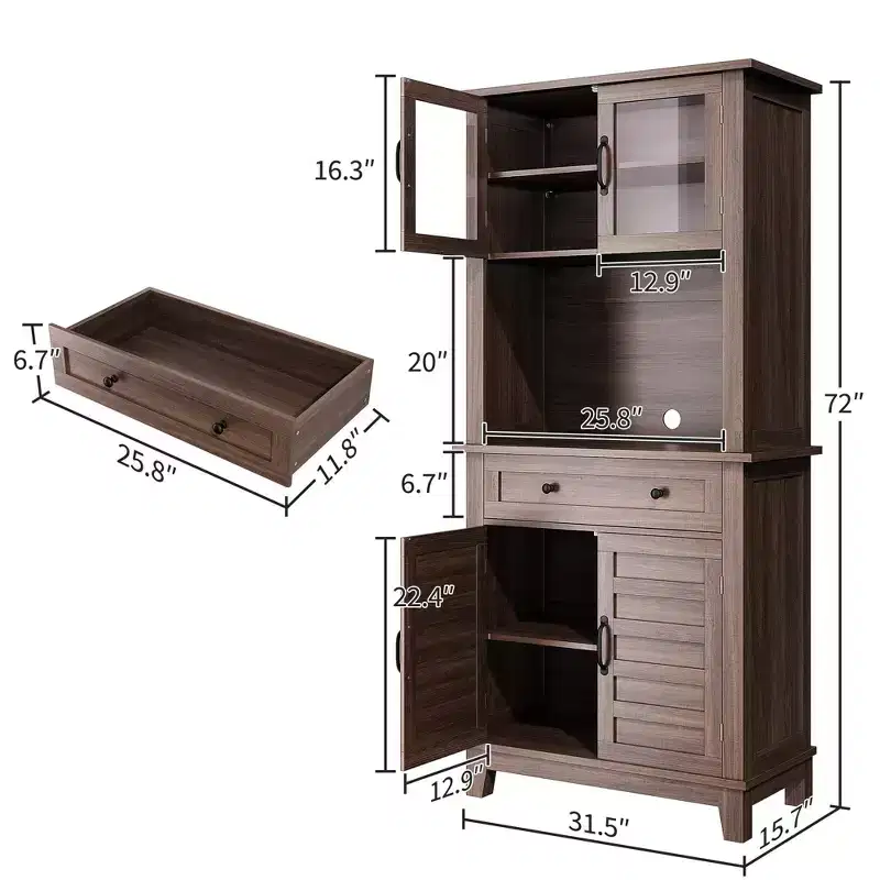 72 in Tall Kitchen Pantry Cabinet, Kitchen Hutch Bar Cabinet with Microwave Stand, Cupboard with Drawers Glass Doors for Dining Room, Living Room