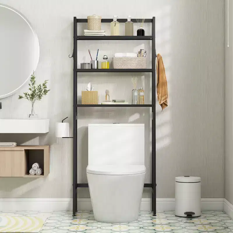 3-Tier Over-the-Toilet Storage Shelf, Free Standing, 2 Side Hooks, 132 lb Capacity