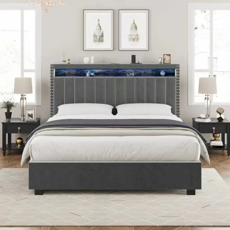 Queen Size Gas Lift Storage Bed with RF LED Lights, Storage Headboard, Queen Size Velvet