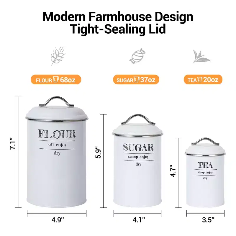 3 Pack Kitchen Canisters Set, Rustic Vintage Airtight Canisters with Handles for Counter top, Tea Coffee Sugar Organizer for Farmhouse Kitchen Decor