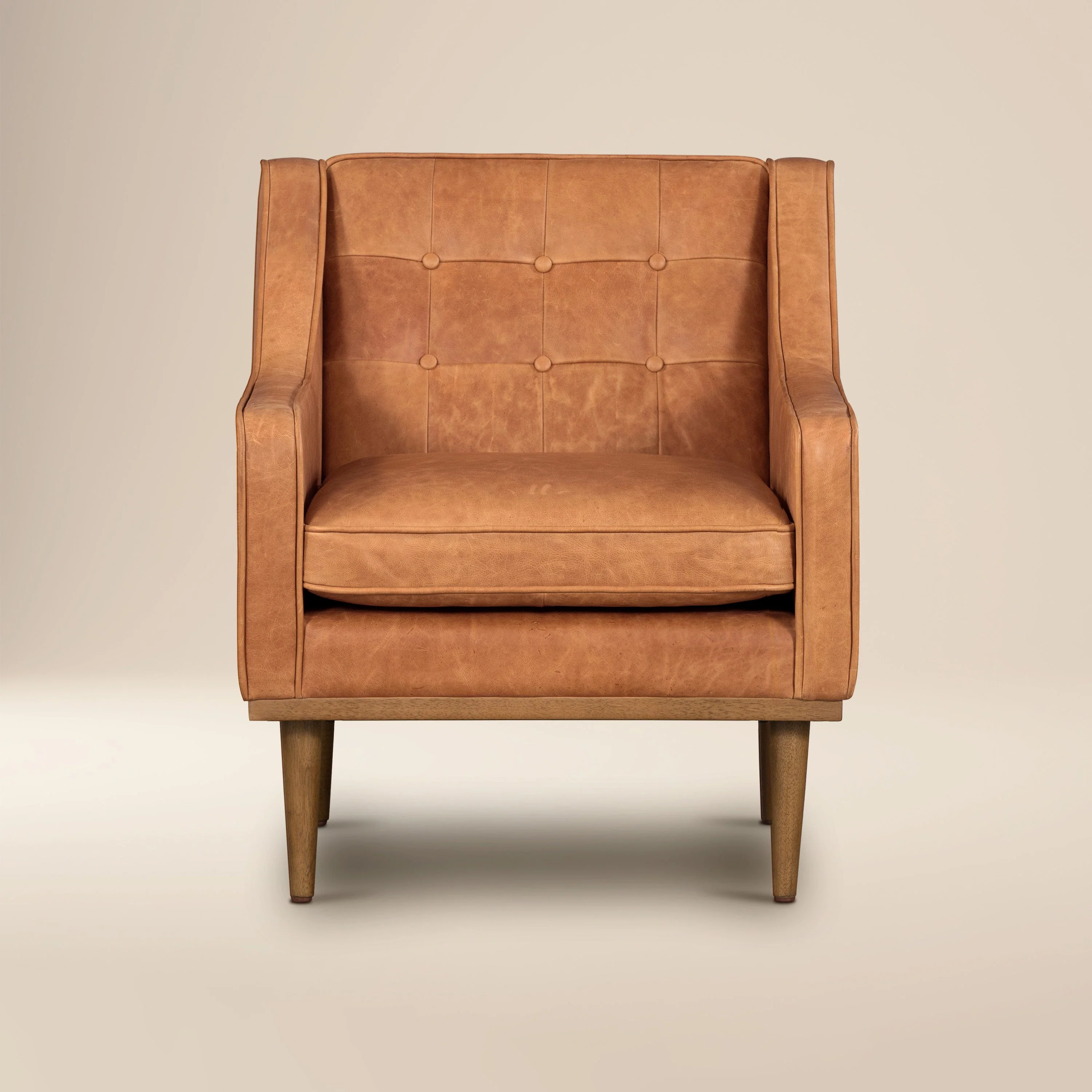 Modern Cognac Tan Leather Lounge Chair with Tufted Back