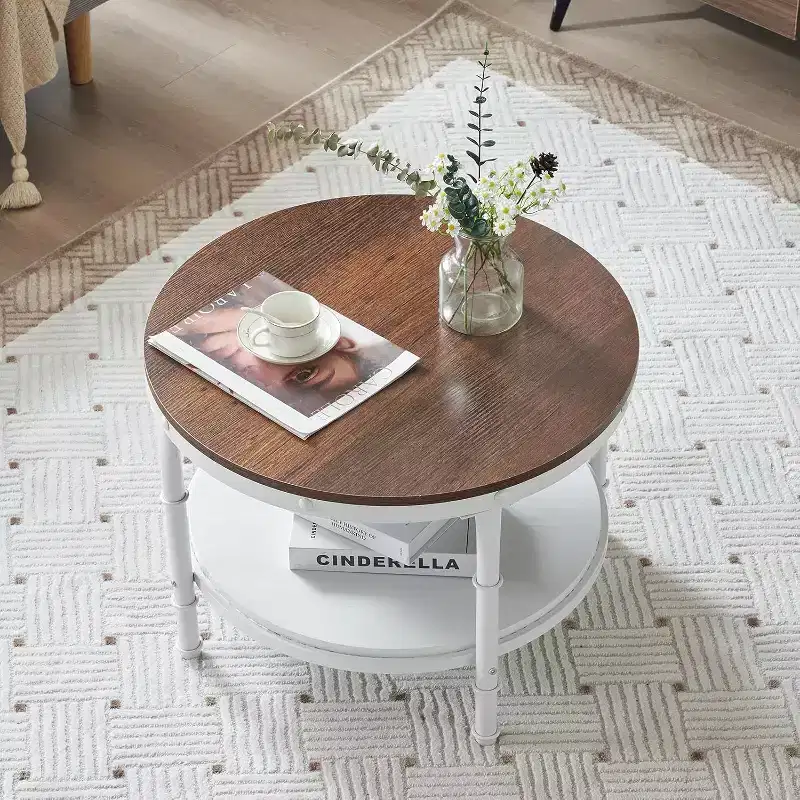 VINGLI 25.6 Rustic Oak White Round Farmhouse Coffee Table, 2-Tier Storage Wood Center Circle Accent Table for Living Room