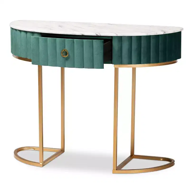 Baxton Studio 1 Drawer Beale Velvet Upholstered and Brushed Console Table Green/Gold: Faux Marble Top, MDF Frame