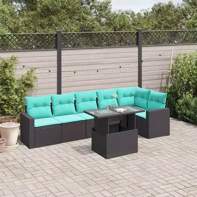 vidaXL 7 Piece Garden Sofa Set with Cushions Black Poly Rattan