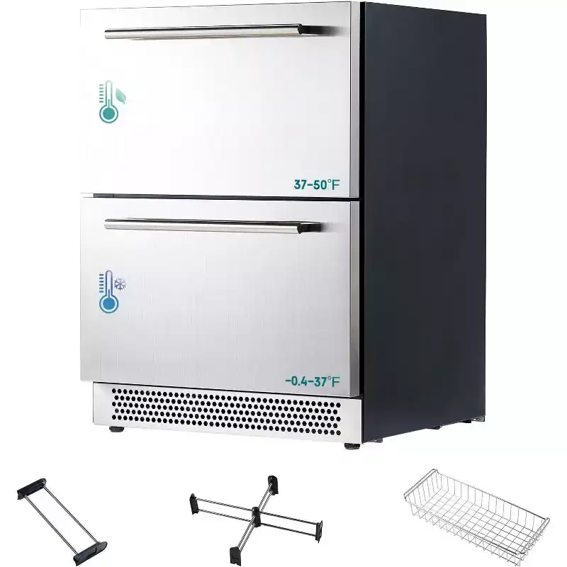 AMERLIFE Under Counter Drawer Fridge  Stainless Steel Dual-Zone Beverage Refrigerator