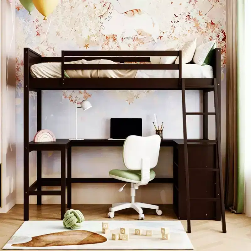 Modern Twin Size Loft Bed with Built-In Desk and Storage Shelves