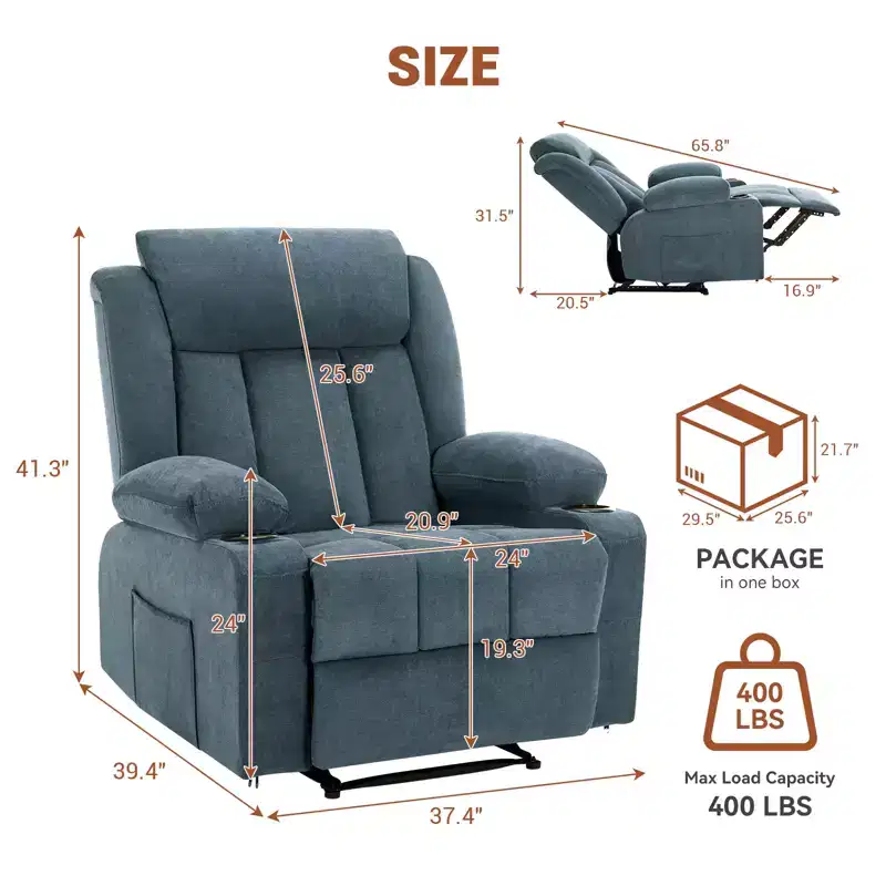 Oversized Classic Manual Recliner Chair with Vibration Massage, Heat, Comfy Overstuffed Deep Seat Sofa with Side Pockets, Front Pockets, Cup Holder