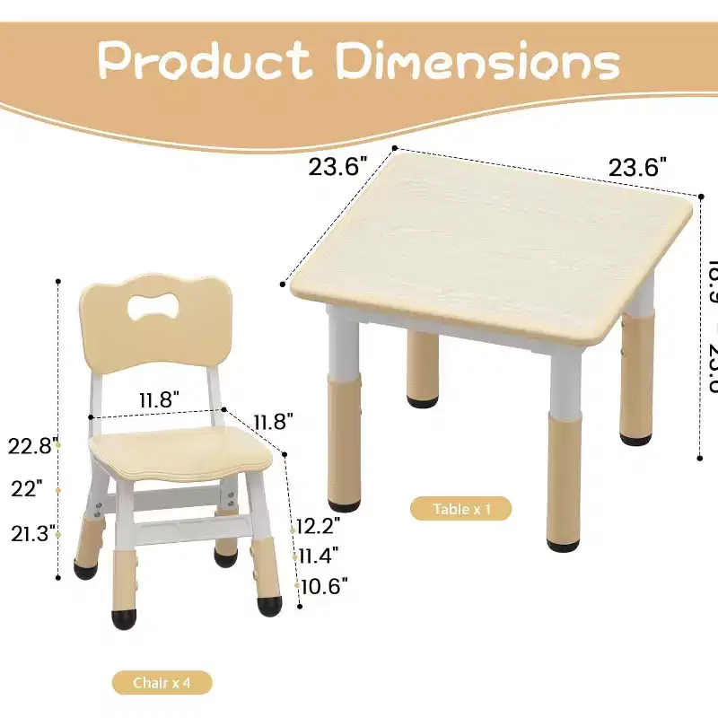 Kids Table and 4 Chairs Set with Particleboard Desktop, Height Adjustable, Anti-Slip Pad, Compact Dining Set, and Durable Desktop
