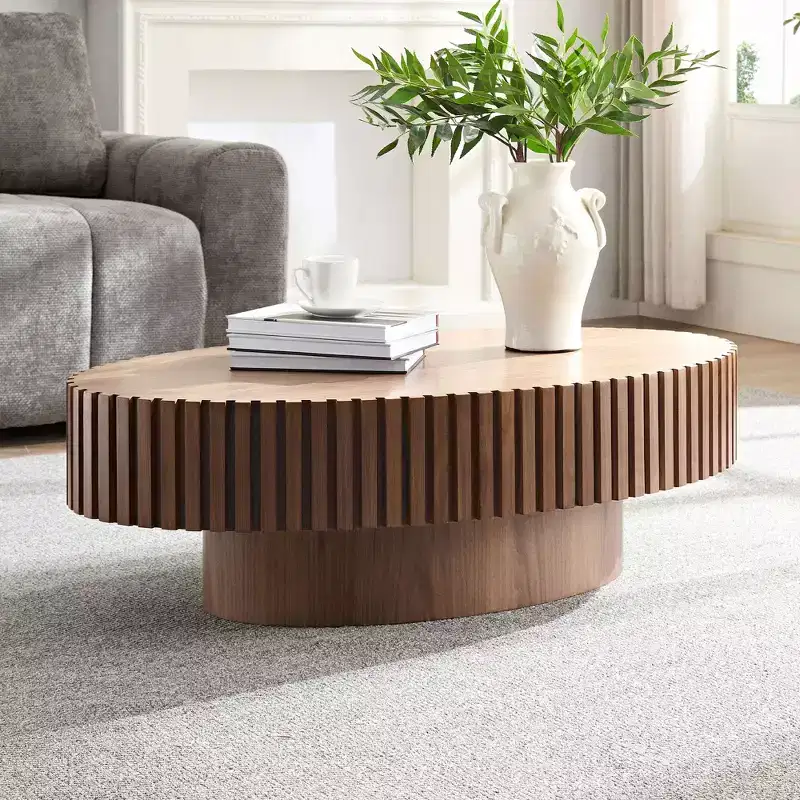 43 Inch Modern Drum Oval Coffee Table, MDF Center Table for Living Room Bedroom, Small Space Friendly Coffee Table