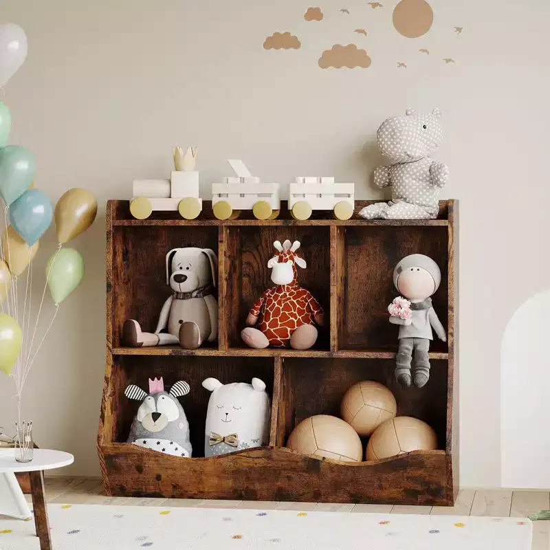 Kids Toy Organizer with 5 Cubbies & Bottom Tray, Brown/Grey/Pink/White, MDF, for 1+