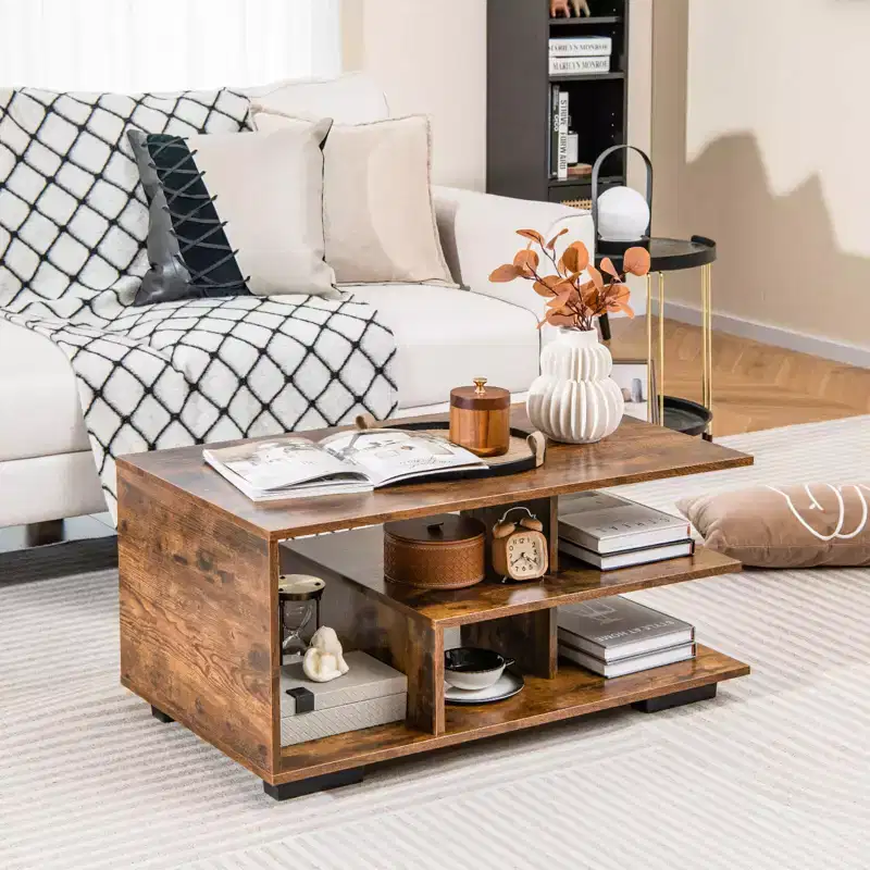 Coffee Table with L-Shaped Middle Shelf - 3-Tier Geometric Design, Rustic Brown