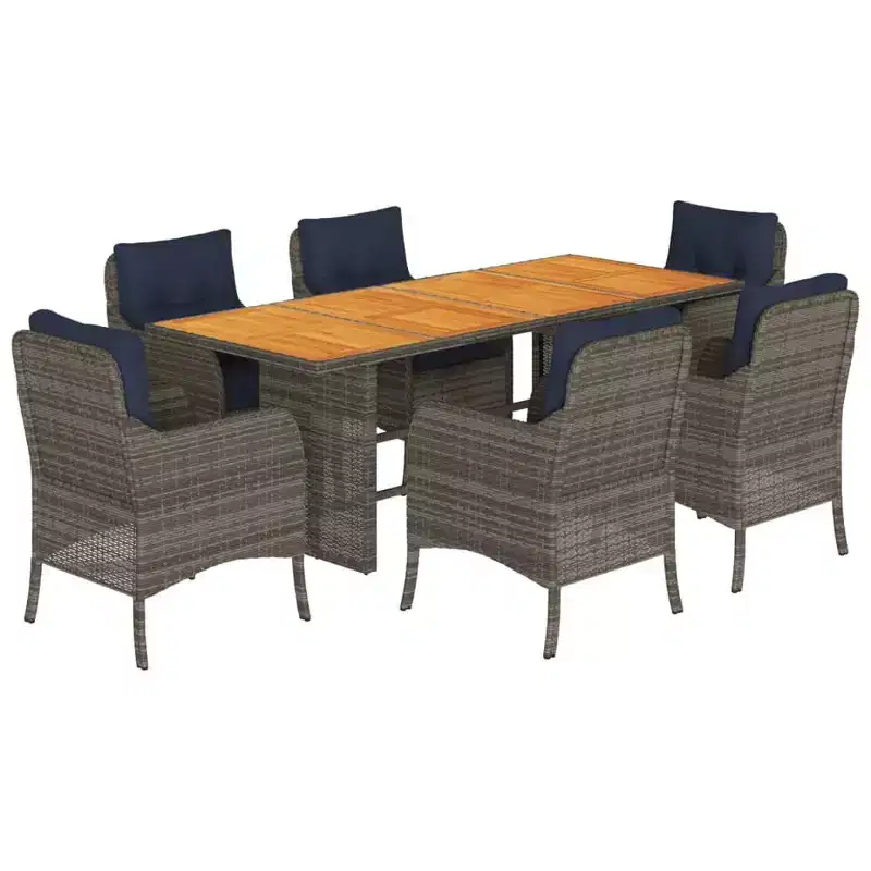 vidaXL 7-Piece Outdoor Dining Set - PE Poly Rattan and Acacia Wood Table, Navy Cushions, Grey, Weather-Resistant, Comfortable