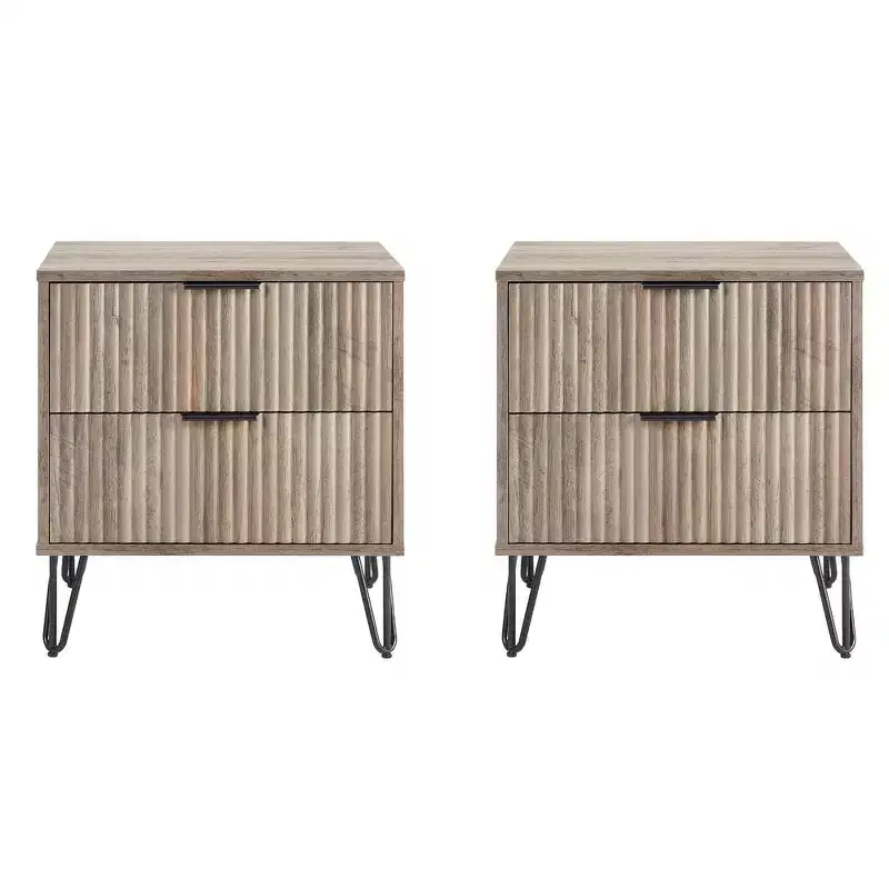 Manhattan Comfort Set of 2 Dumbo 2 Drawer Nightstands Rustic Gray: Modern Style, MDF Frame, Metal Glides
