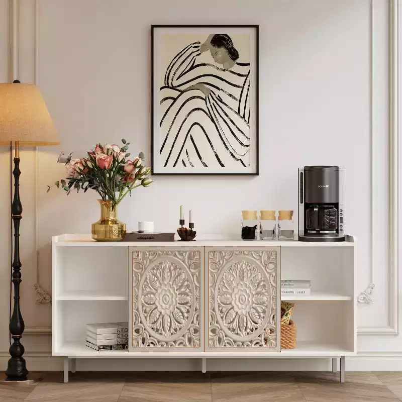 Handmade Distressed Accent Cabinet, Fir Wood Frame with Carved Detailing, Multipurpose Console Table, Sideboard & Storage Cabinet for Living Room