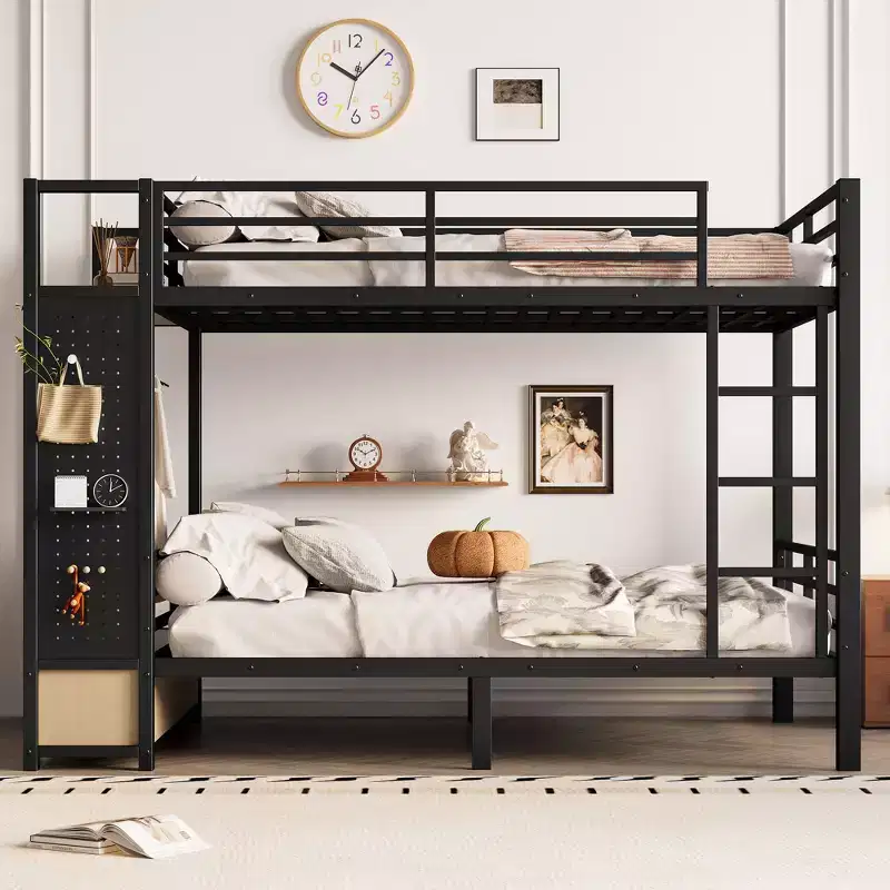 Queen over Queen size Metal Bunk Bed for Teens with Storage Shelves,Drawers and Pegboard,Black