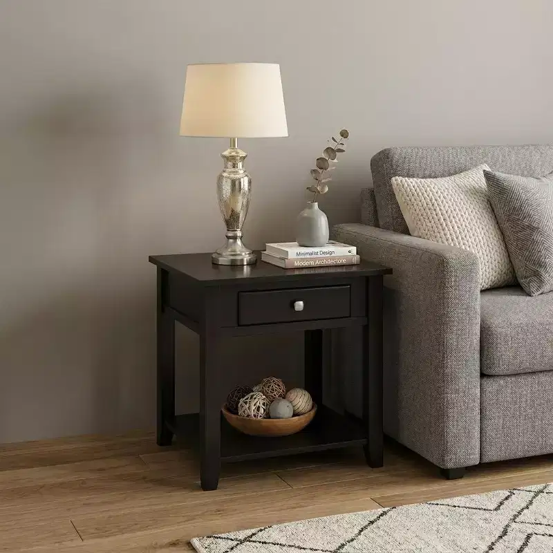 HomeRoots 22 Black Manufactured Wood Square End Table With Drawer With Shelf