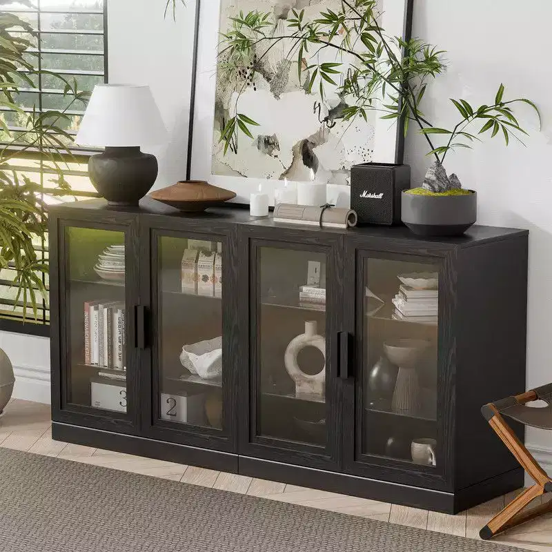 PexFix 62 W x 31 H Large Sideboard Buffet Cabinet with 4 Glass Doors 2 Adjustable Shelves for Kitchen Living/Dinning Room Bedroom Entryway Black