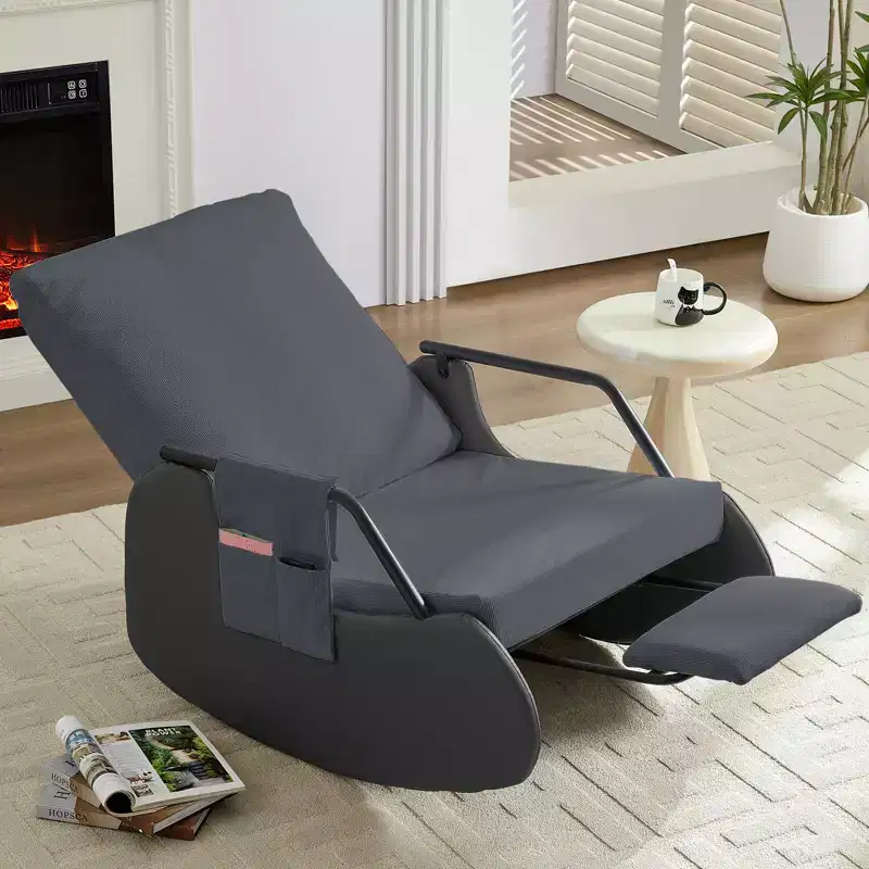 Upholstered Corduroy Rocking Chair with Wooden Legs Wrapped in Leather&Adjustable Footrest