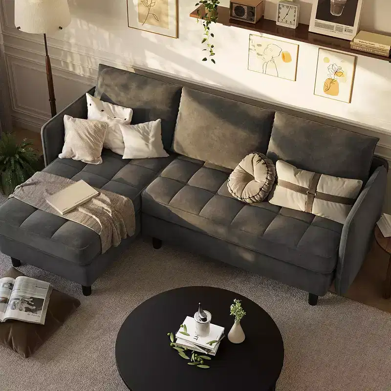 Reversible L-Shaped Chenille Sectional Sofa, Convertible Small Couch with Hidden Storage Space, Living Room & Apartment Sofa
