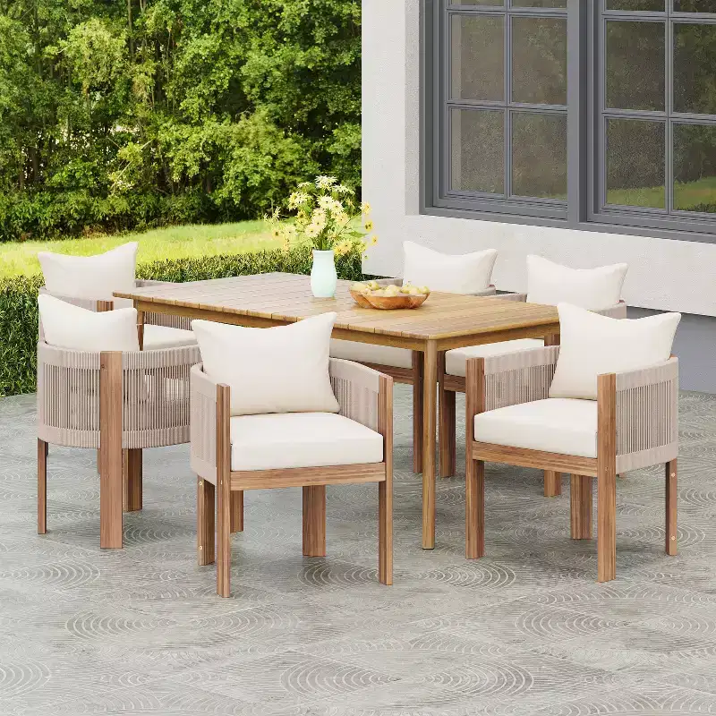 Christopher Knight Home Chase 7 Piece Outdoor Rope Weave Acacia Wood Dining Set with Cushions