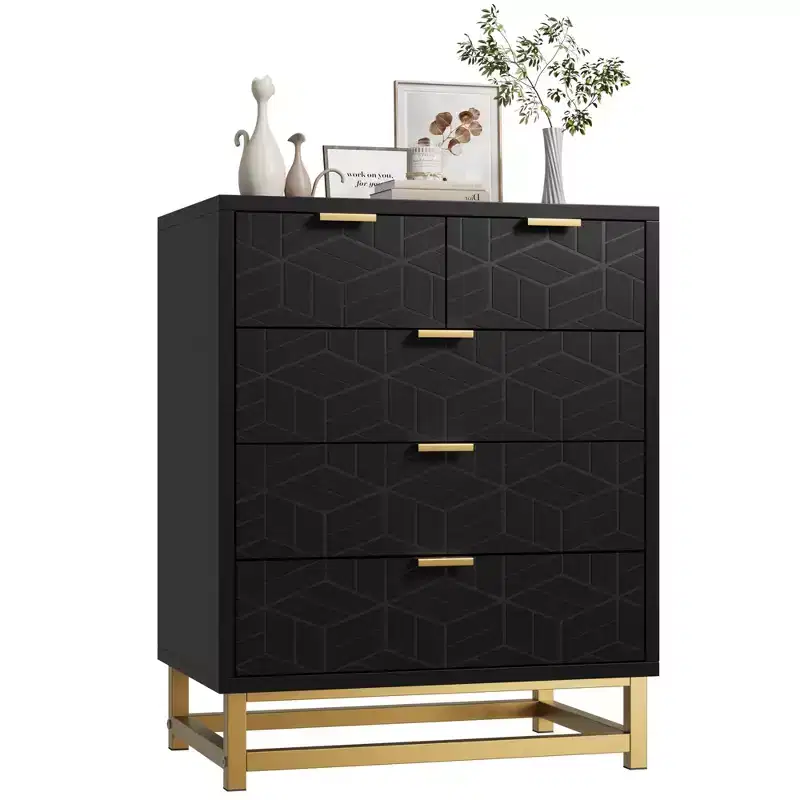 Dresser for Bedroom, 5-Drawer Black Dresser with Metal Legs, Modern Wide Storage Organizer for Living Room Entryway