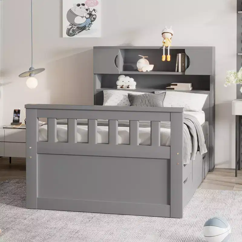 Twin Size Captain Platform Bed Frame with Storage Bookcase Headboard and 4 Drawers, Twin Wood Storage Bedframe for Bedroom