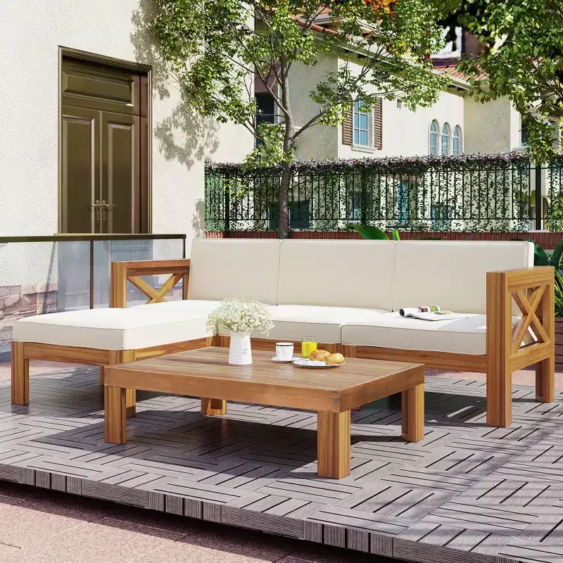 Whisen Natural Wood 5-Piece Patio Sectional Sofa Set with Cushions for Outdoor Backyard