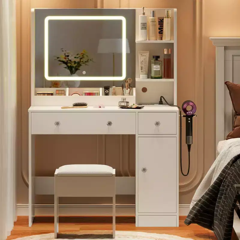 White Makeup Vanity Desk with Mirror and Lights Vanity Set with Stool 3 Color Lighted Mirror Dressing Table with Power Outlet and Drawers Cabinet