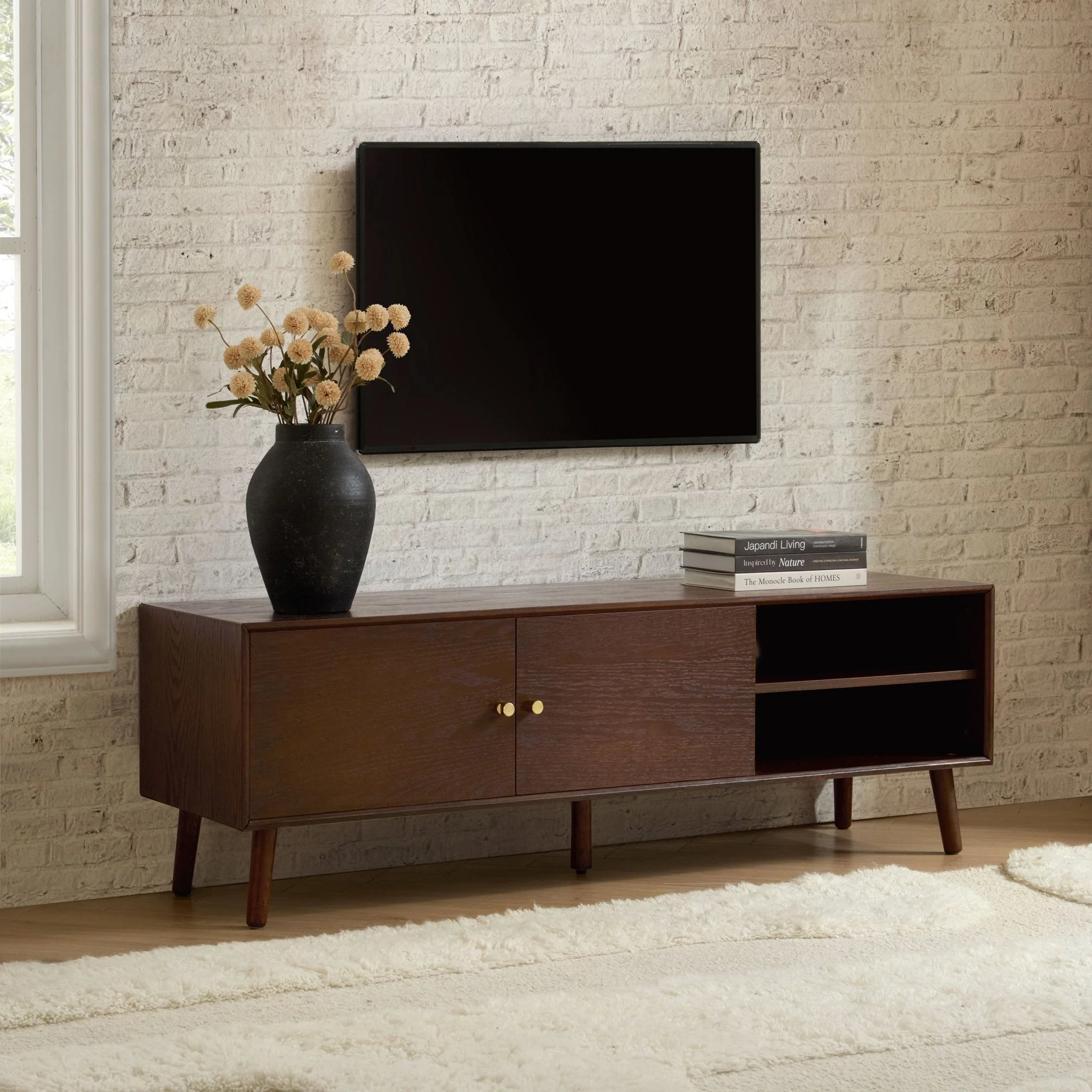 Berlin-Style Walnut Oak TV Unit with Storage for TVs up to 60 Inch for Living Room