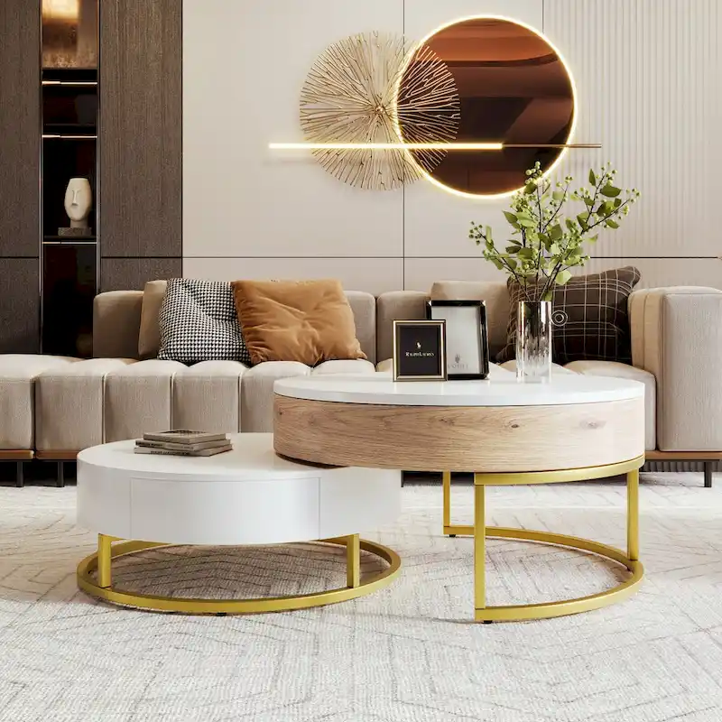 Modern Round Lift-top Nesting Coffee Tables with 2 Drawers White & Black