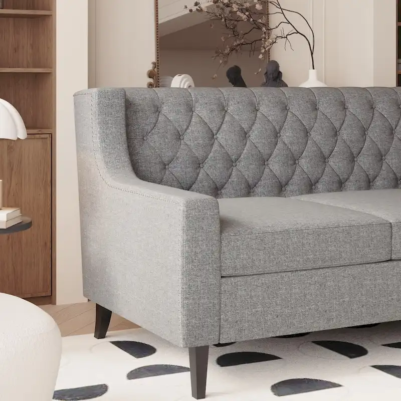 Grey 78.75 Polyester 3-Seater Sofa with Tufted Back and Cushions