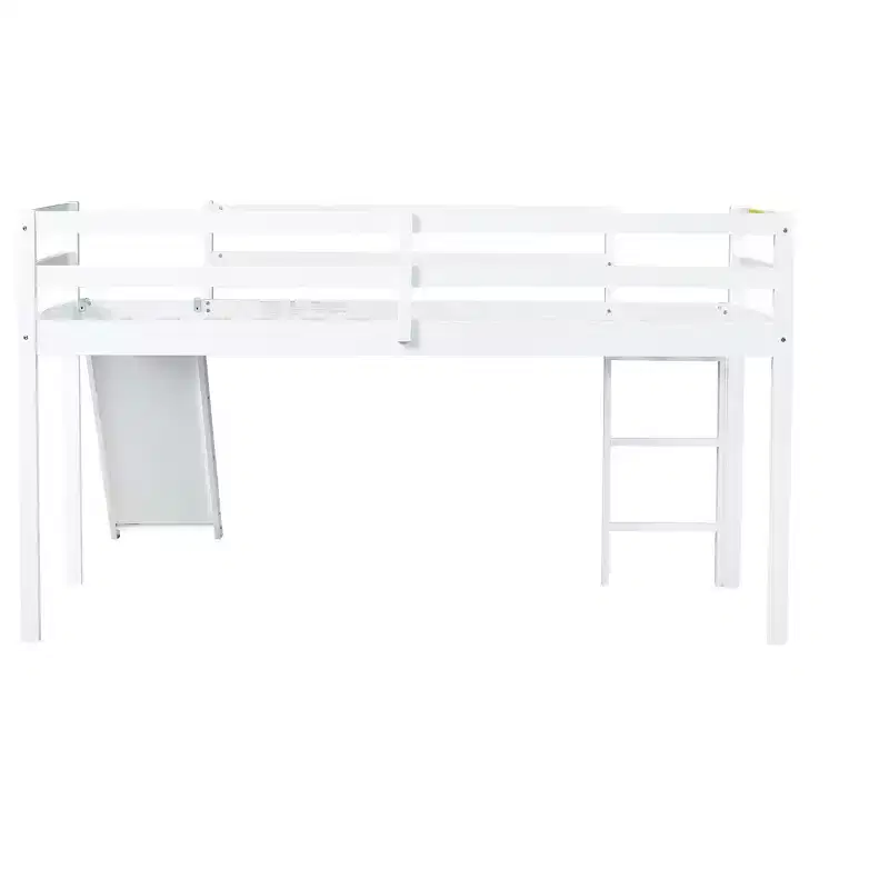 Twin Low Loft Bed with Slide, Ladder & Safety Guardrails, Solid Wood, White