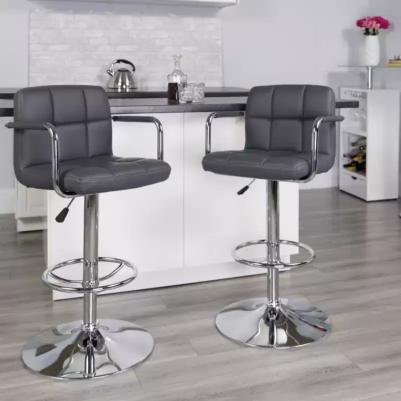 Quilted Vinyl Adjustable Height Barstool with Arms & Chrome Base