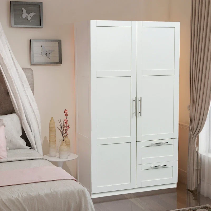 White Wood Wardrobe Armoire Storage Cabinet with Doors,Drawers,Hanging Rod