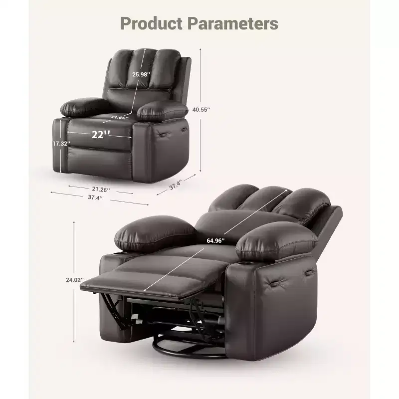 Manual Recliner Chair, PU Faux Leather, 360° Swivel, Cup Holders and Side Pocket