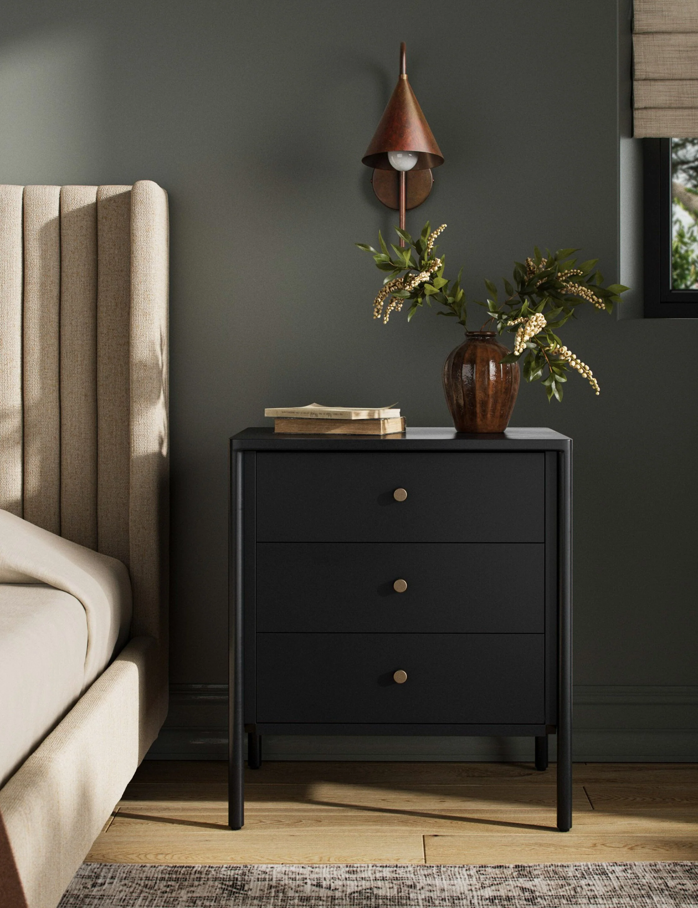 Nightstand Black-finished iron set in a refined profile and fitted with bronzed iron hardware to evoke a clean, polished industrial look with