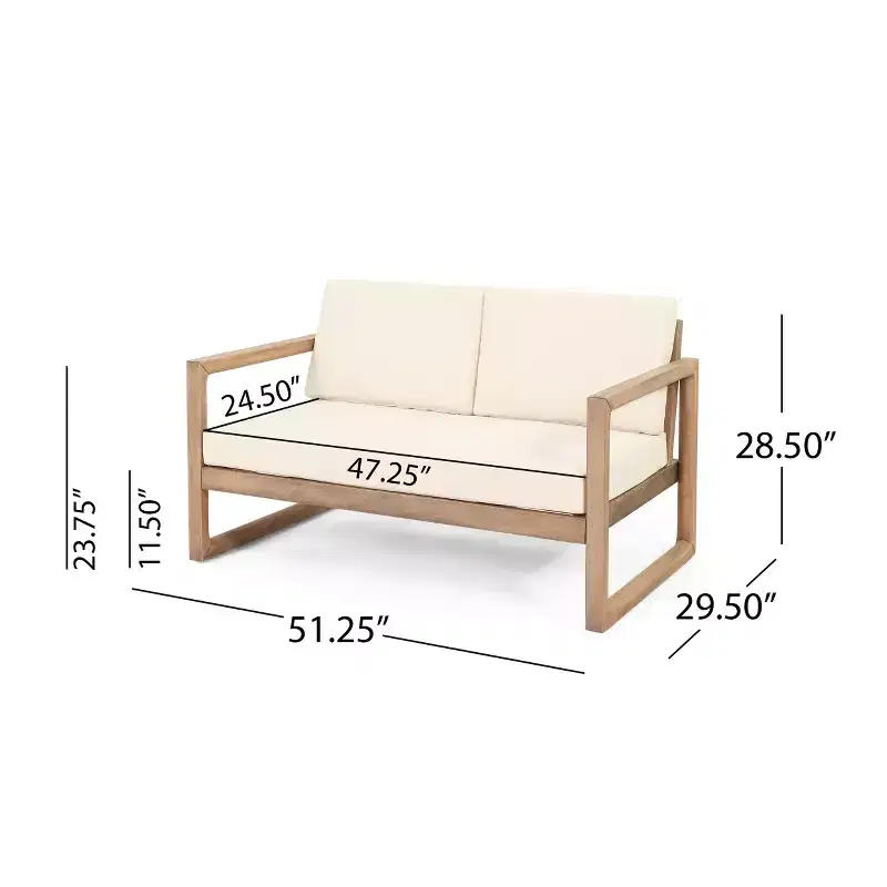 GDFStudio Petteti Outdoor Acacia Wood Loveseat and Coffee Table Set with Cushions, Brown Wash/Beige