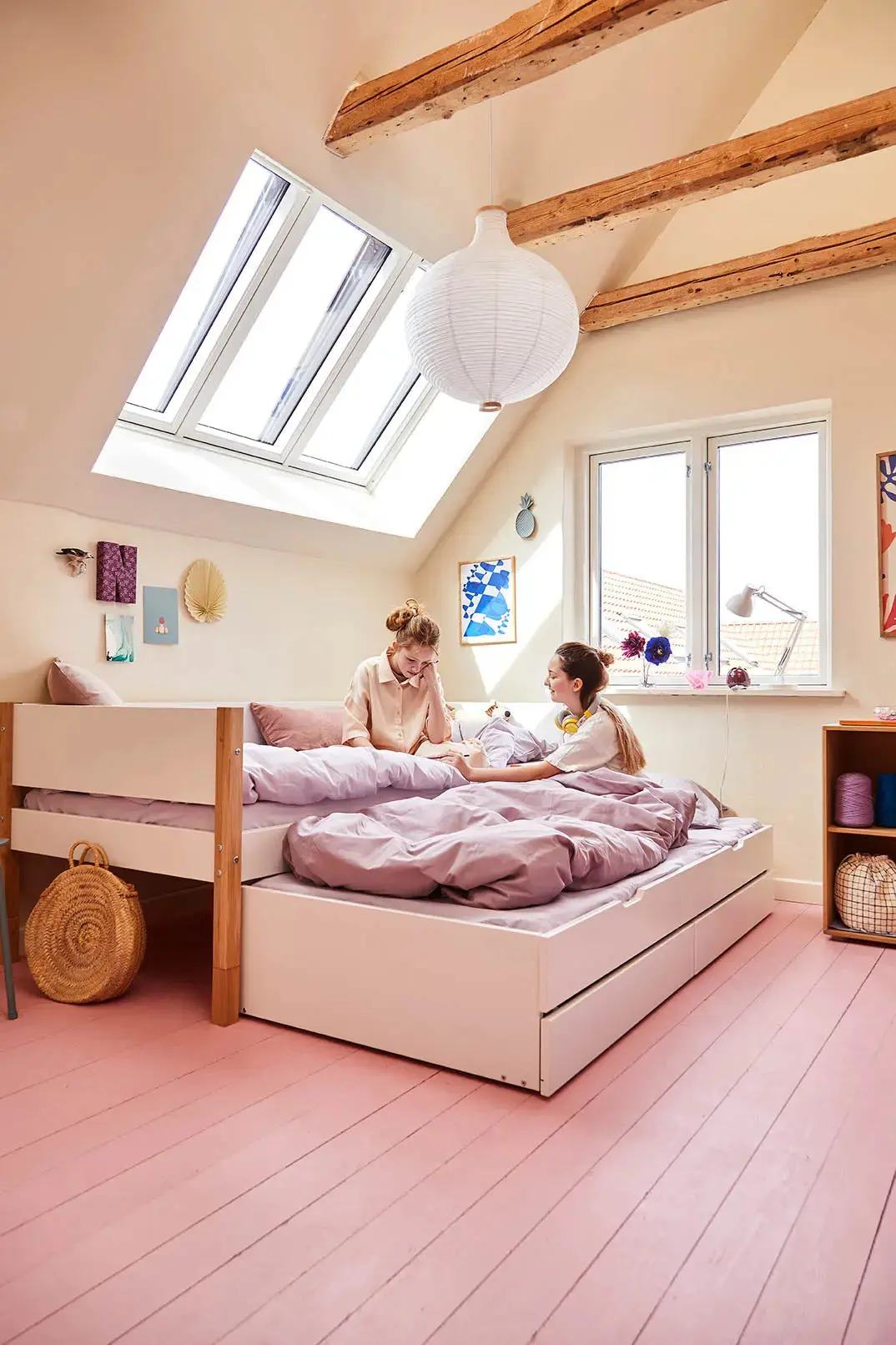 Single Bed with Storage and Pull-out Bed, 90x200 cm, White/Oak