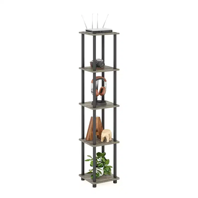 5-Tier Corner Square Bookshelf with Anti-Tipping Display Rack, French Oak/Black, for Bathroom, Closet or Office
